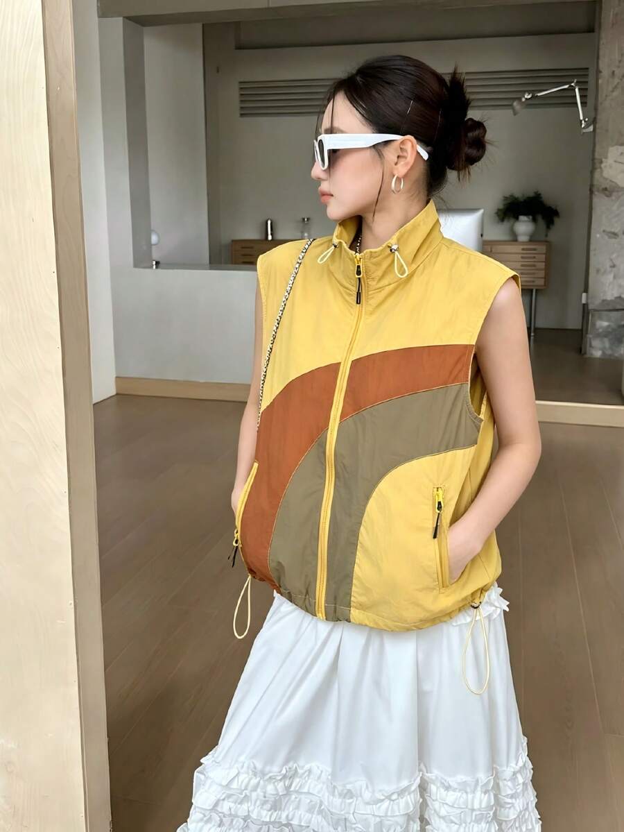 女款運動休閒夾克，無袖拼接撞色背心，時尚百搭，運動學院風，適合日常、戶外、度假