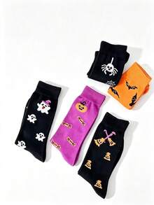 1/5 Pairs Women's Mid-Calf Socks, Halloween Ghost Pumpkin Bat Jacquard Mid-Calf Socks, Soft Knitted Casual Holiday Socks, Preppy Student Tube Socks - Multicolor - View 5