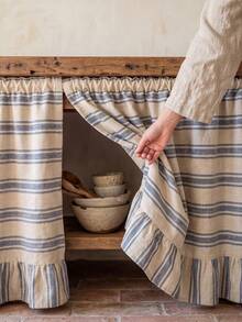 1/2pcs Beige & Blue Horizontal Striped Sink Skirt, Rustic Country Style Fabric Material, Rectangular Top With Pleated Detail And Bottom Ruffle Hem, Concealing Storage And Decorative Function, Kitchen Sink Curtain Suitable For Kitchen Sink Concealment And Natural Country Home Decor Scenes - Blue - View 9