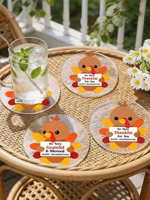 1/2/4pcs Thanksgiving Cute Turkey Transparent Acrylic Coasters, Round Cartoon Turkey Pattern Drink Coasters, Autumn Harvest Tabletop Decor, Thanksgiving Tabletop Ornament, Coffee Tea Cup Housewarming Gift - Multicolor - View 11