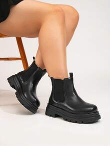 Women's Wide Shaft Chelsea Boots, Thick Sole Mid-Calf Boots With Dual Elastic Bands, British Style Wide Leg Platform Gear Sole Boots, Autumn/Winter - Black Short - View 4