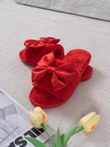 NOBLEARL 1 Pasang Sandal Rumah Wanita Modis Musim Gugur/Dingin Warna Merah Berbulu Lembut dengan Desain Pita Besar untuk di Rumah - Merah - View 5