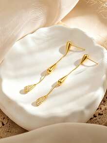 Women's Elegant Long Linear Dangle Earrings, Sparkling CZ Pave Pendant Earrings, Long Chain Earrings, Suitable For Wedding, Party, Date, Daily Wear, Gift - Gold - View 7
