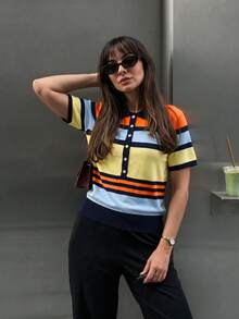FOR BEAUTY Summer Y2K Women's Multi-Color Striped Knit Polo Top, Short Sleeve Front Button Ribbed Pullover, Preppy Casual Streetwear Style, Daily Wear - Orange and Blue - View 3