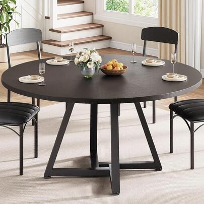 Mesa Redonda de Comedor de Cocina de 51 Pulgadas para 6-8, Mesa de Comedor Circular con Marco de Metal de Pedestal, Muebles industriales de Madera Que Ahorra Espacio para Espacios pequeños