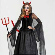 4pcs Jmkcoz Halloween Devil Costume Set, Devil Horn Headband, Red Devil Bowknot, Devil Red Scythe, Devil Cosplay Hair Accessories, Suitable For Carnival Theme Party Props Costume Decoration, Adult Set - Multicolor - View 5