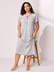 Spring/Summer Plus Size Loose Ruffle Milk Silk Nightgown Dress For Women, Bow Ruffle, Elegant Casual Sweet - Light Grey - View 1