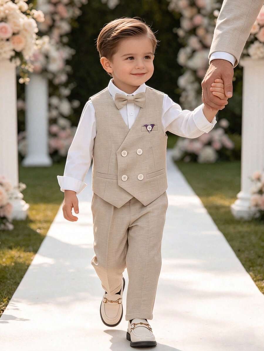 Young Boy Double-Breasted Vest Jacket + Pocket Long Pants + Exquisite Bow Tie Formal Suit Set - Khaki - View 1