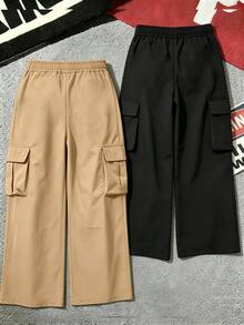 2pcs/Set Street Style Boys Solid Color Wide Leg Cargo Pants, Multi-Pocket Elastic Waist School Uniform Long Pants - Multicolor - View 4