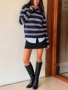 Women's Casual Minimalist Striped Collared Button Half-Placket Long Sleeve Ribbed Cuff Pullover, Daily Party Retro Streetwear Sweater, Fall Winter - Multicolor - View 3