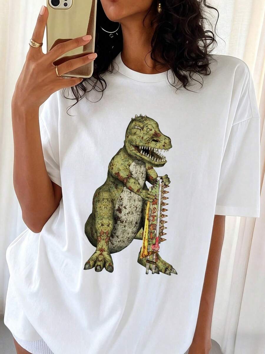 Fallout Grunge Distressed Dinosaur Holding Vintage Motel Thermometer Retro Animal Casual Tee - 白色 - 查看 1