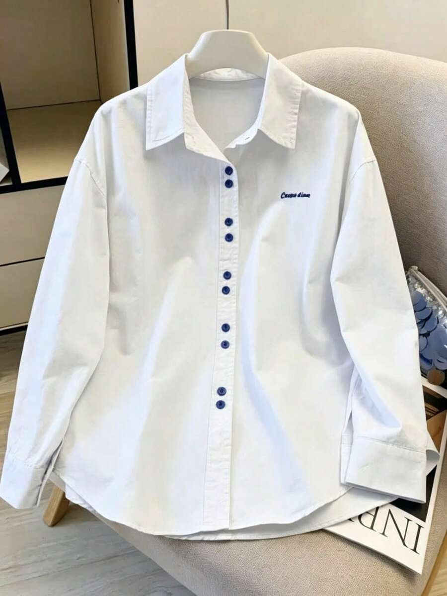 女款刺繡字母前扣式辦公襯衫 白色 - 白色 - 查看 1