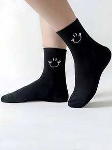 5/10/20 Pairs Women's Fun Printed Mid-Calf Socks, Avant-Garde Smiling Face Black Calf Socks, Suitable For Streetwear - Black - View 4