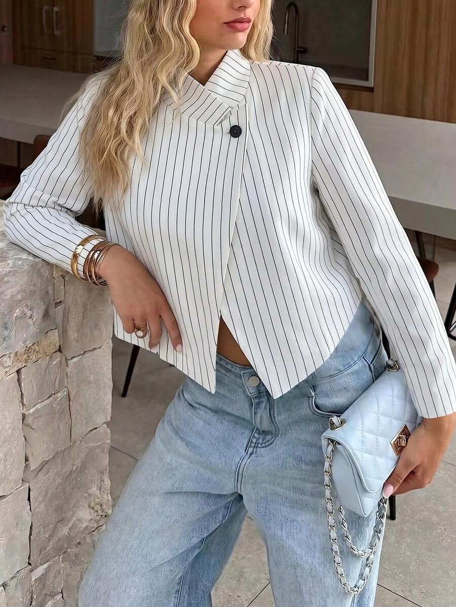 Women's Striped Long Sleeve Casual Jacket, Asymmetrical Design And Slim Fit (No Lining).