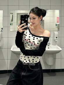 American Style Hot Girl Polka Dot Contrast Color Cold Shoulder Long Sleeve T-Shirt Women's Autumn Slim Fit Cold Shoulder Base Layer Top Black - Black - View 3