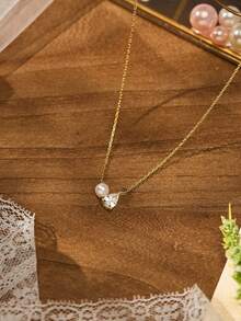 Women's Delicate Pearl Gold Necklace 14K Gold Plated Cubic Zirconia Cute Pendant Necklace Minimalist Gold Choker Fashion Jewelry - Gold - View 5