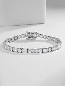 Besthing 1件 S925 純銀 12.6CT 莫桑鑽網球手鍊，長方形與圓形鑽石交替設計，時尚奢華風格，晚宴派對週年紀念禮物珠寶 - 銀色 - 查看 2