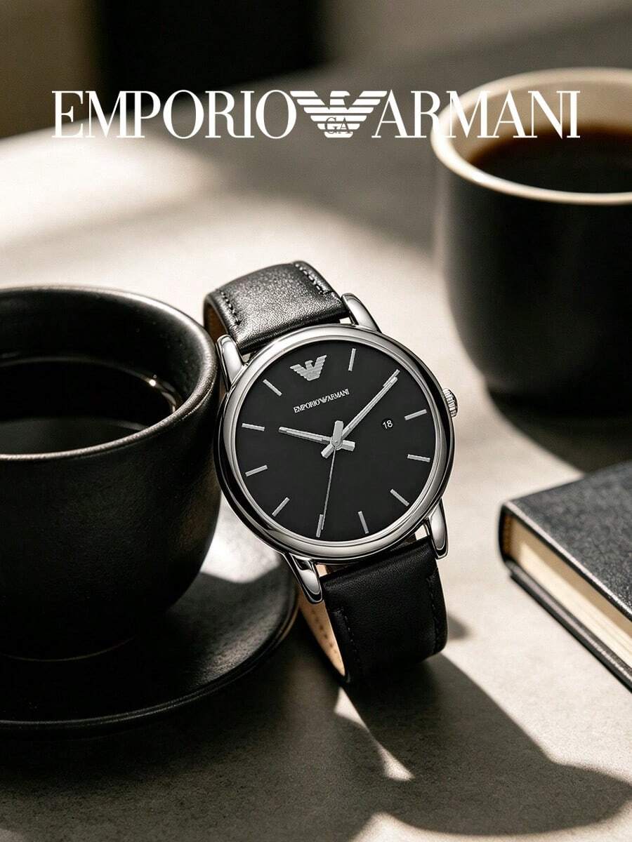 Armani Men's Classic Quartz Watch Black Dial Genuine Leather Strap 50M Water Resistant Date Display AR1692 - Black - View 1