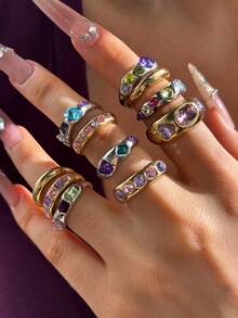 11pcs Set Exquisite Vintage Fashion Elegant Elegant Sophisticated Versatile Colorful Rhinestone Gold & Silver Rings Set For Women Daily Wear Vacation Date Holiday Party Jewelry - Multicolor - View 12