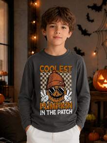 [Halloween]Tween Boy 1pc Casual Pumpkin Print Long Sleeve T-Shirt, Spring/Autumn, Young Student Children's Clothing, Fashionable Warm Comfortable Fit Top For Big Kids/Teen Boys - Dark Grey - View 2