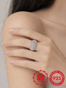 S925 Sterling Silver Multi-Layer Twisted Rope Design Full Zirconia Inlaid Wide Ring, Heavy Craftsmanship Luxury Elegant Banquet Versatile Women's Index Finger Ring, Jewelry Gift With Gift Box - Silver - View 6