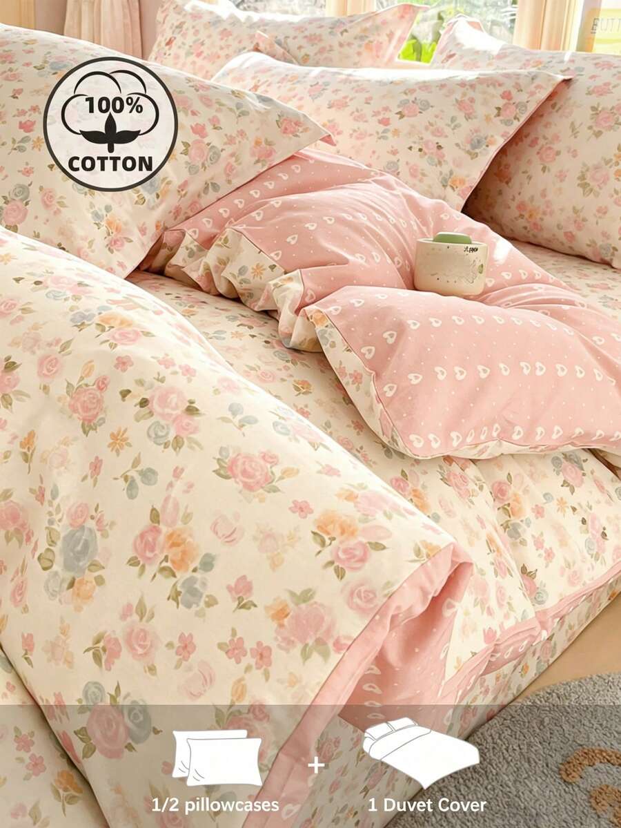 Set Sarung Selimut Katun Motif Bunga Lembut & Nyaman 2/3 pcs, Motif Hati Merah Muda, Cocok untuk Kasur Ukuran Double/Queen/King, Sepanjang Musim, Dekorasi Rumah, Hadiah Perlengkapan Tidur, Dapat Dicuci dengan Mesin - MultiWarna - View 1