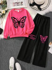 2pcs/Set Teen Girls Outfit, Round Neck Butterfly Print Sweatshirt With Minimalist Casual Wide Leg Pants, New Autumn/Winter Fashion Daily Girls Set - Hot Pink - View 2