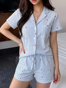 DAZY 女士条纹心形休闲睡衣套装，配有松紧腰短裤，适合春、夏、秋季穿着。 - 淺藍色 - 查看 8