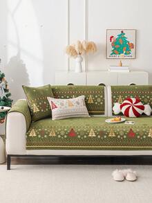 1pc Christmas Holiday Decorative Sofa Cover, Chenille Material Pet-Friendly All-Season Non-Slip Protective Cushion, Suitable For 1-4 Seater Sofa Protection And Decoration, Old Sofa Refurbishment - Green - View 3