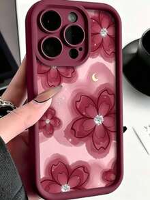 1pc Creative Personalized Burgundy Diamond Star Moon Floral Love Pattern Gift For Mother; Frosted Eye Frame Compatible With Apple 7/8/X/XR/XSMAX/11/12/13/14/15/16/17Promax - Burgundy - View 12