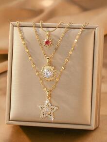 3 piezas Collar colgante de diseño apilado, con colgantes de sol, girasol y estrella. El rico efecto de capas aporta una estética vintage, adecuado para uso diario, fiestas y regalos. - Conjunto de collar - Ver 6