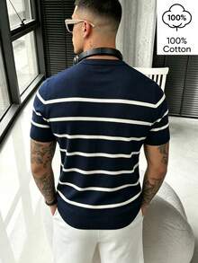WAIT HIM 100% Cotton Men's Casual Colorblock Striped Knit Top - Blue and White - View 4