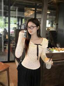 Korean Style All-Over Polka Dot Bow Long Sleeve Top Women Sweet Gentle Slim Fit Base Layer - Apricot - View 4