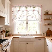 1pc French Romantic Floral Embroidered Arch Window Curtain, Pink Tulip Decorative Beaded Short Curtain, Rod Pocket Short Sheer Curtain, Pastoral Translucent Kitchen Bay Window Decorative Small Curtain - Baby Pink - View 6