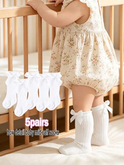5 Pairs Baby Girls Bow Mid-Calf Socks, Soft Ribbed Knit Princess Socks, Baby Gift, Match With Dresses