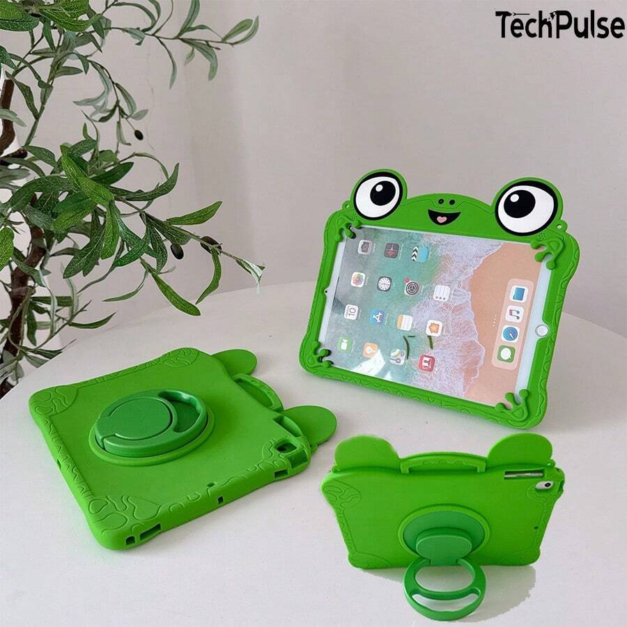 Funda protectora para tableta con diseño de rana de ojos grandes y estilo de dibujos animados, compatible con iPad 7/8/9/10.2 pulgadas 10ª generación 10.9 pulgadas/A16/11ª generación 2025, multifuncional, portátil, a prueba de golpes, resistente al desgaste, soporte 2 en 1, cobertura completa, carcasa de silicona para tableta - Verde - Ver 1
