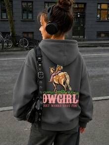 Tween Girl 1pc Hooded Sweatshirt, Young Student Kids Clothing, Suitable For Children's Autumn/Winter Long Sleeve Top - Dark Grey - View 1