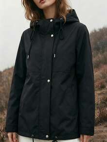 New Women's Drawstring Hooded Short Trench Coat, Outdoor Casual Loose Fit Versatile Commuter Jacket - Black - View 7