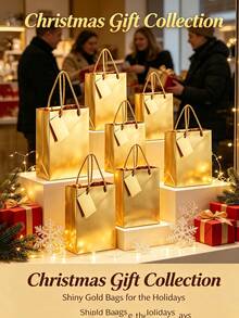 Shiny Metallic Gold Waterproof Gift Bags With Hang Tags, Twisted Handle Luxury Present Wrapping Bags For Christmas Holiday Gift Giving - Multicolor - View 3
