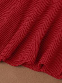 HOMEYEE Women's Bright Red Round Neck Cable Knit Sweater With Metal Bow Button Front, Cinched Waist, Ruffle Hem, Slim Fit Long Sleeve Pullover Top - Red - View 8