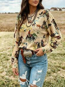 VEXHEIMA Western-Style Women's Fashionable Retro-Print Denim-Patterned Color-Blocked Animal And Geometric Print Round-Neck Long-Sleeve Casual Sweater - Multicolor - View 6