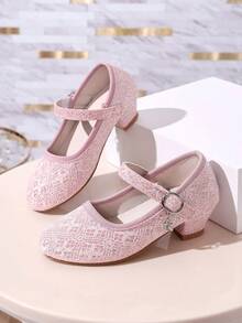 Gentle Lace Sequin Girls Princess Shoes Chunky Heel Children's Formal Shoes - Pink - View 4