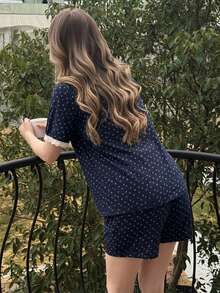 DAZY 2pcs/Set Women's Pajamas Homewear, Lapel Short Sleeve Floral Print With Pockets, Shorts Comfortable, Suitable For Home Leisure - Blue - View 4