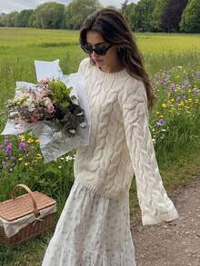 Senya 女款純色麻花編織針織毛衣，寬鬆圓領長袖針織上衣，休閒度假畢業返校簡約套頭衫 - 杏色 - 查看 1