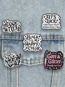 Spooky Witch Quote Enamel Pins Set, Retro Script Text Lapel Brooches For Backpack Jacket - Multicolor - View 4