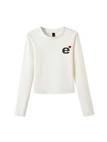 Y2K Fitted Square Shoulder T-Shirt For Women, Autumn Long Sleeve Simple Letter Print Crew Neck Top - White - View 6
