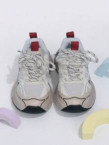 1 Pasang Sepatu Sneakers Anak-Anak Model Retro Jala Kontras Warna Beige & Merah dengan Tali dan Perekat Velcro, Cocok untuk Olahraga Luar Ruangan Sepanjang Musim - Merah - View 2