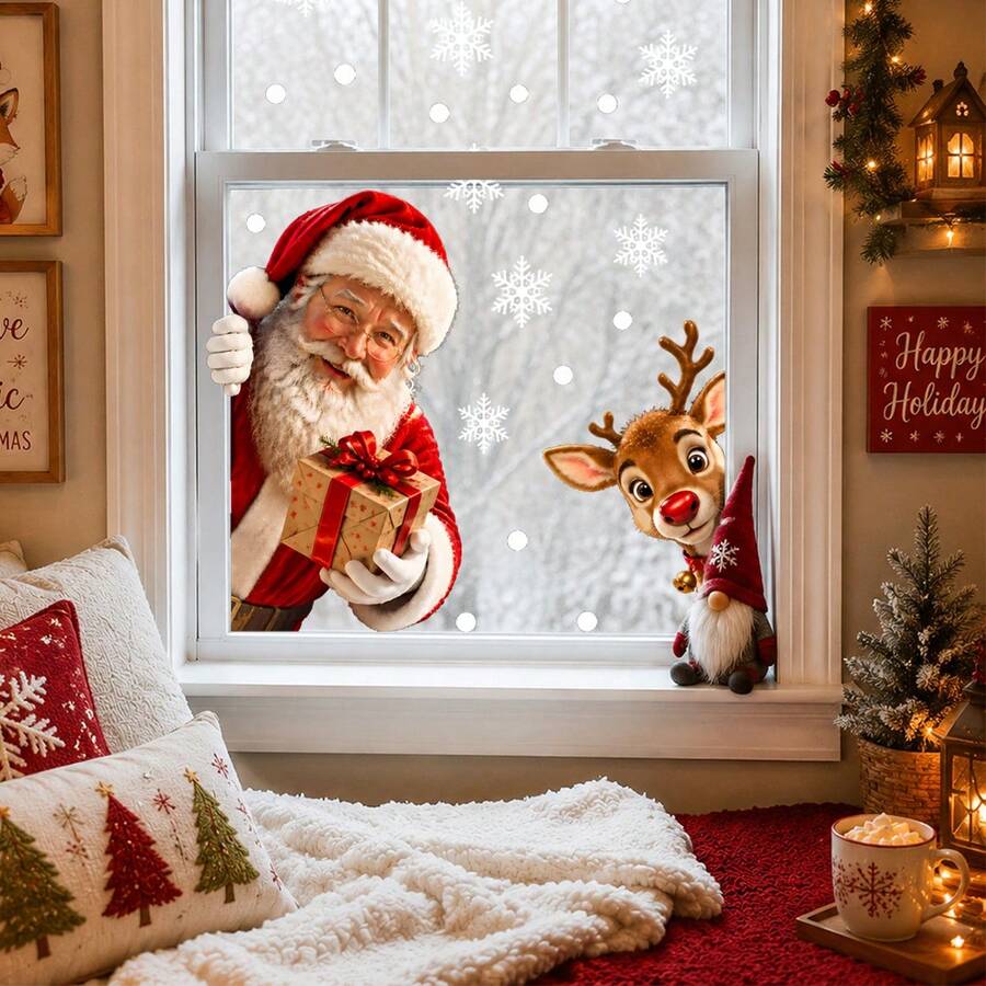 Christmas Window Stickers Santa Claus Reindeer Snowflake Glass Decals Cute Holiday Window Clings Christmas Home Decor - Santa Claus - View 1