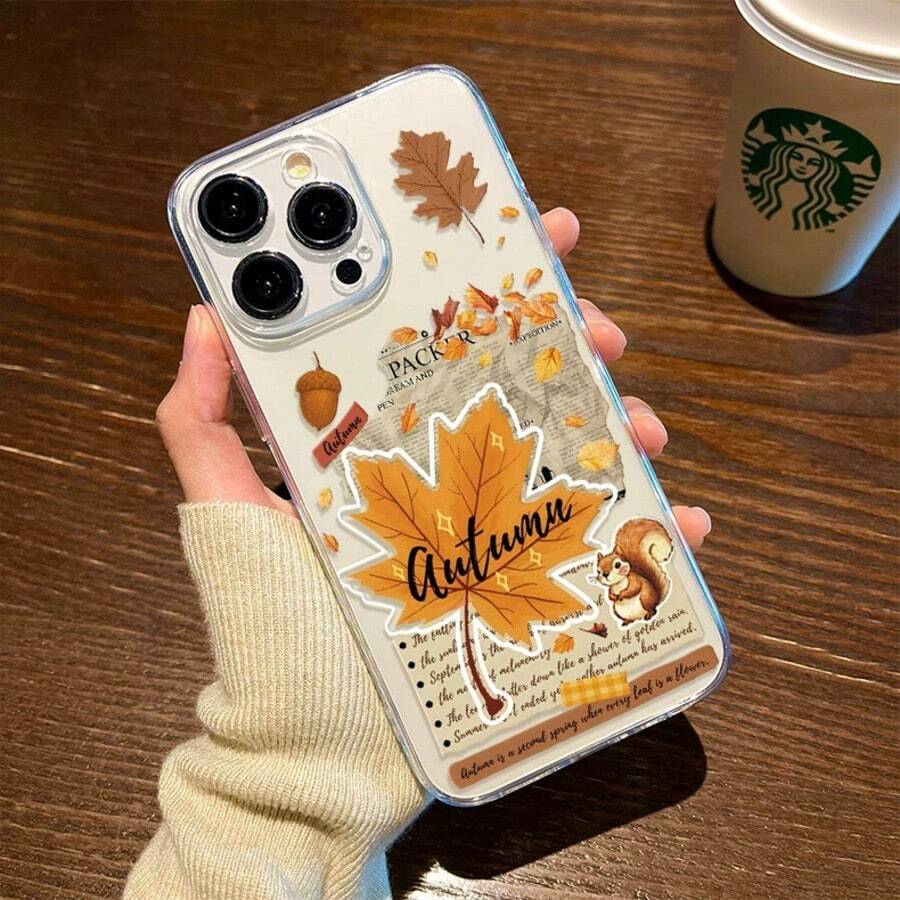Autumn Squirrel Nut Maple Leaf Newspaper 15 14 Plus Transparent 13 Pro Max 12 Compatible With Apple 17 Pro Max 16 Pro 15 Pro 17 Pro 15 PM Premium Shockproof Protective Phone Case - Multicolor - View 1
