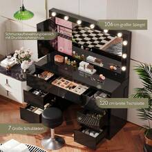 Devoko Dressing Table In Matte White With LED Cosmetic Mirror, Vanity Table Without Stool With 12 LED Lamps, Power Outlets, USB & Type-C, Jewelry Storage And 7 Drawers - 黑色高光+深灰色凳子 - 查看 3